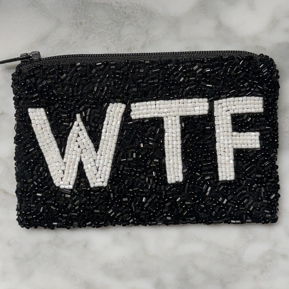 MOYNA “WTF” Black and White Beaded Zipper Pouch 5x3” - Picture 4 of 13